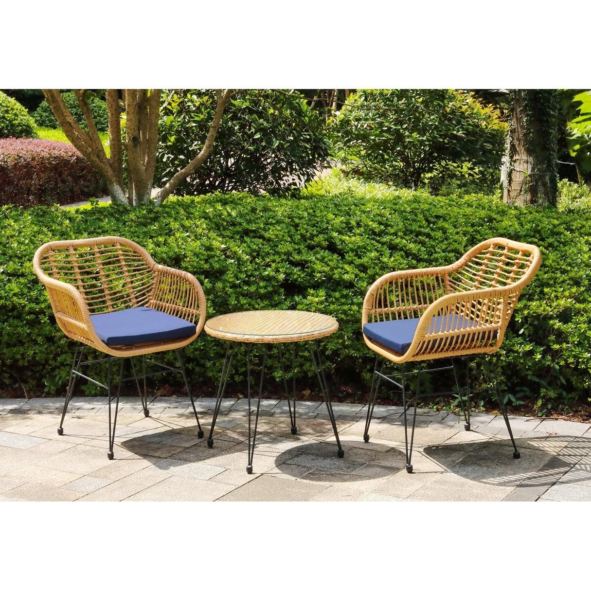 Crescent Navy Blue 3-Piece Wicker Outdoor Bistro Set with Cushions
