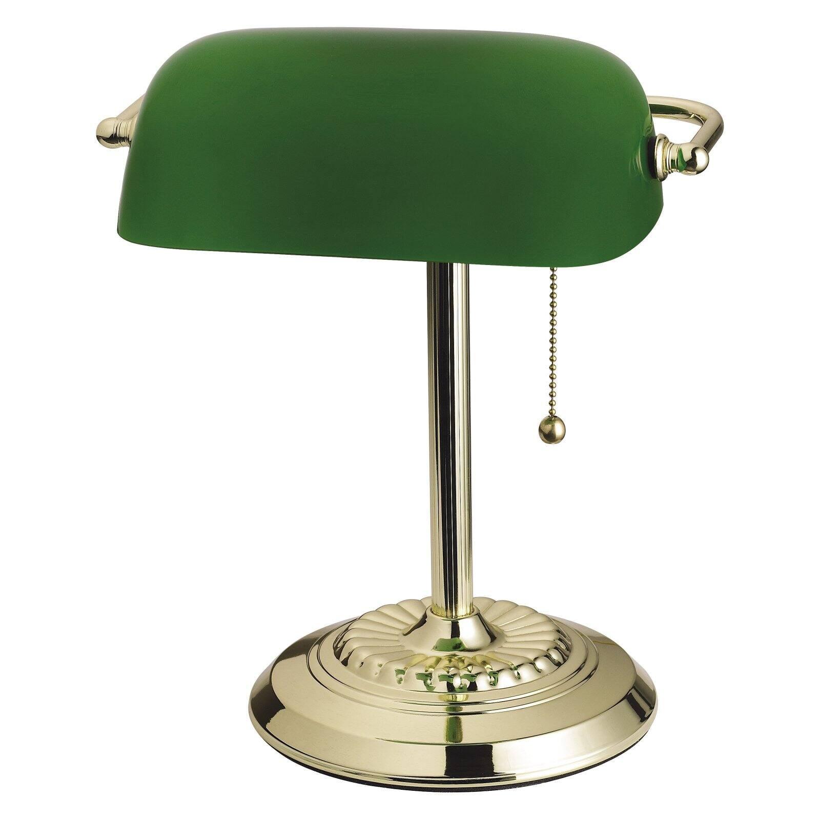 Adjustable Brass and Green Banker Desk Lamp with Glass Shade