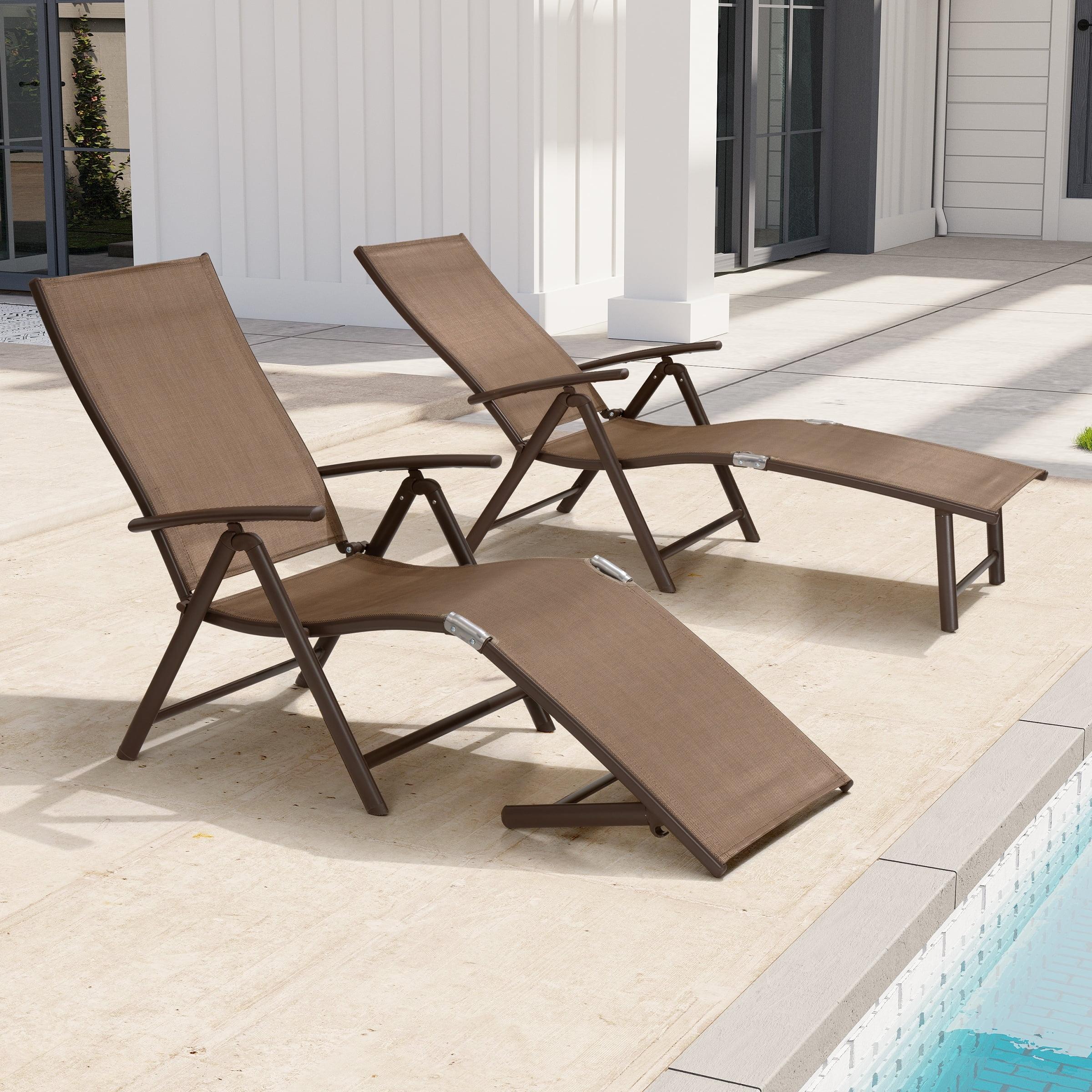 Crestlive Products  Outdoor Aluminum Folding Recliner Adjustable Chaise Lounge (Set of 2) - See Picture Brown Fabric, Brown Farme