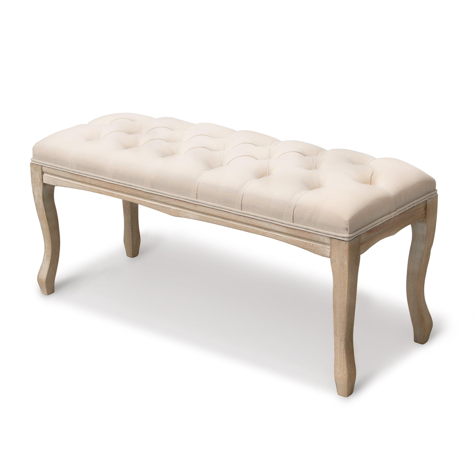 Mid-Century Tufted Beige Linen Upholstered Bed Bench