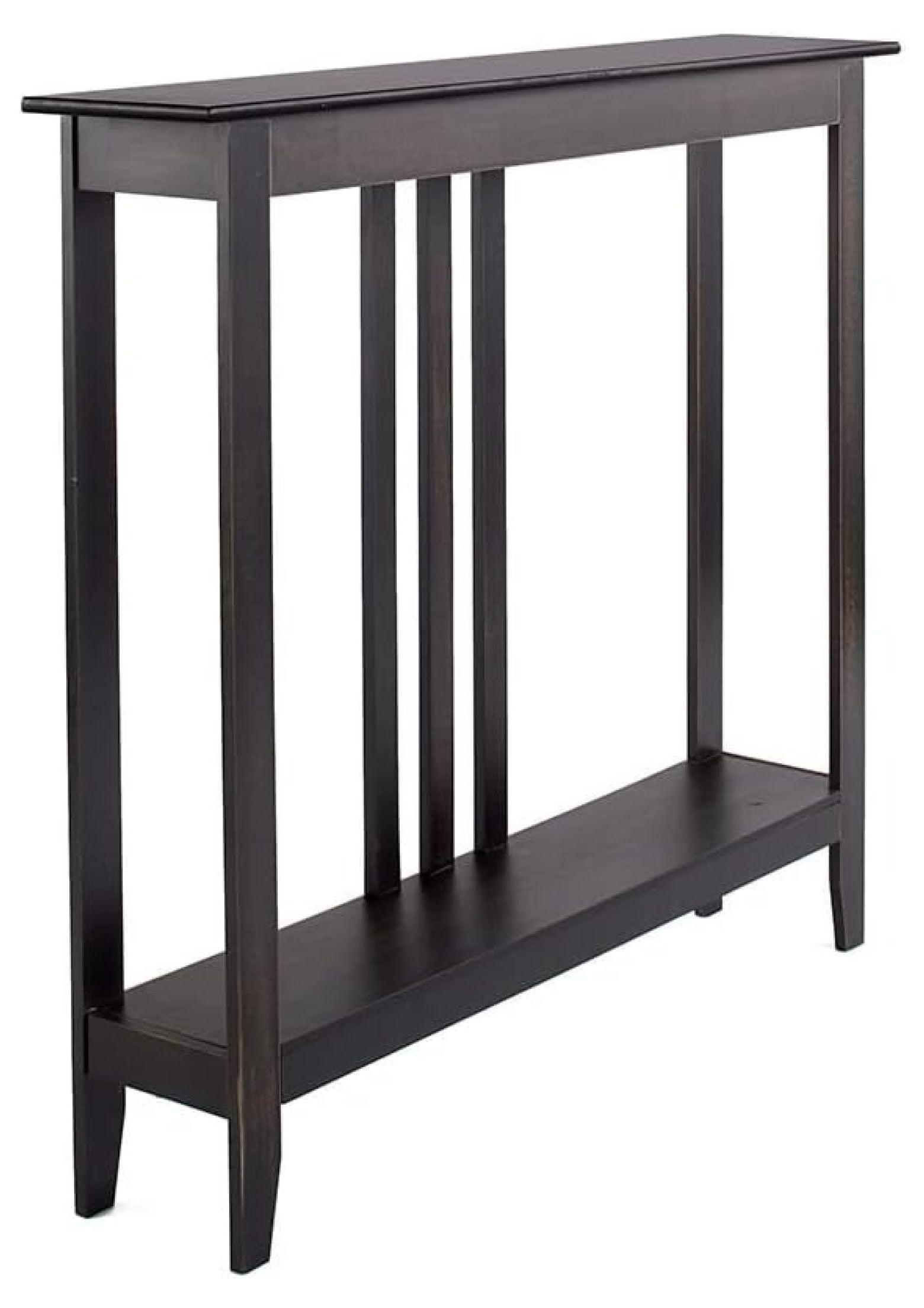 Slim Black Wood Console Table with Storage Shelf