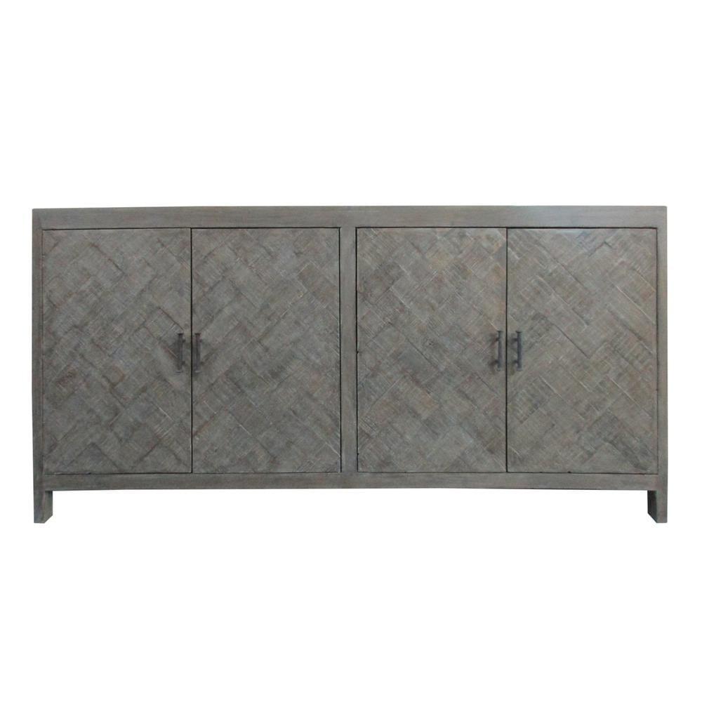 Light Walnut Gray Mango Wood Herringbone 4-Door Sideboard