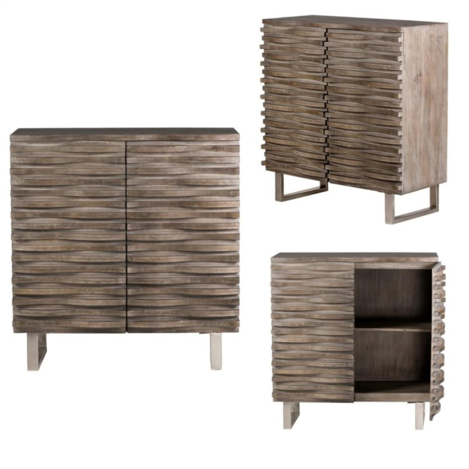 Modern Gray Mango Wood Wave 2-Door Cabinet with Silver Legs