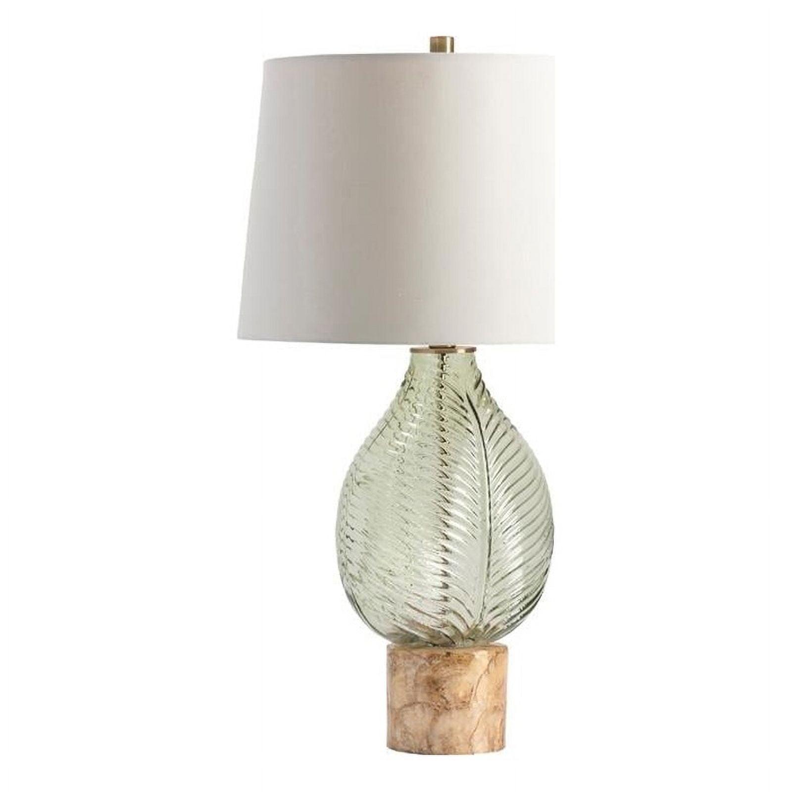 Green Glass Leaf Table Lamp with White Linen Shade