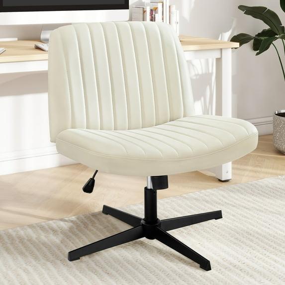 Criss Cross Chair, Cross Legged Office Chair, Wide Comfort Desk Chair, No Wheels Armless Computer Task Chair, Swivel Leather Vanity Home Chair, Height Adjustable