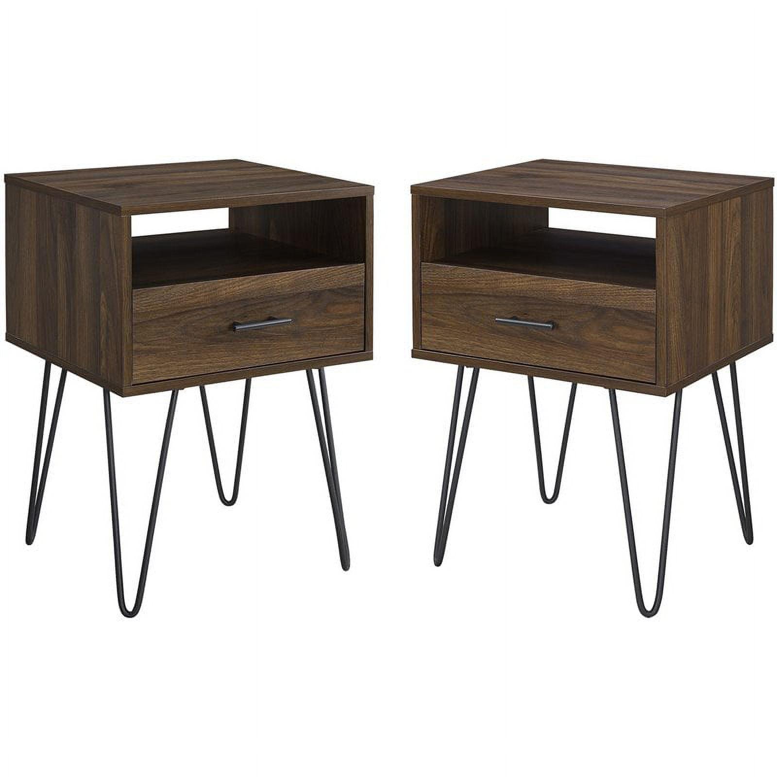 Croft Mid-Century Modern Metal Hairpin Leg 1-Drawer End Table Set in Dark Walnut