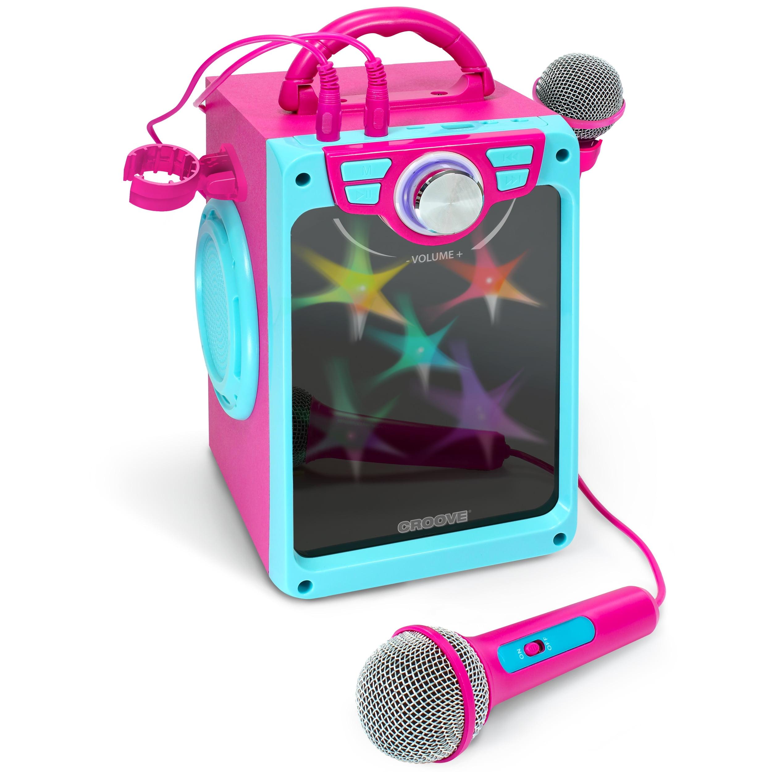 Pink Portable Kids Karaoke Machine with Disco Lights and 2 Microphones