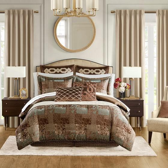 Brown Queen Chenille Jacquard Patchwork Comforter Set