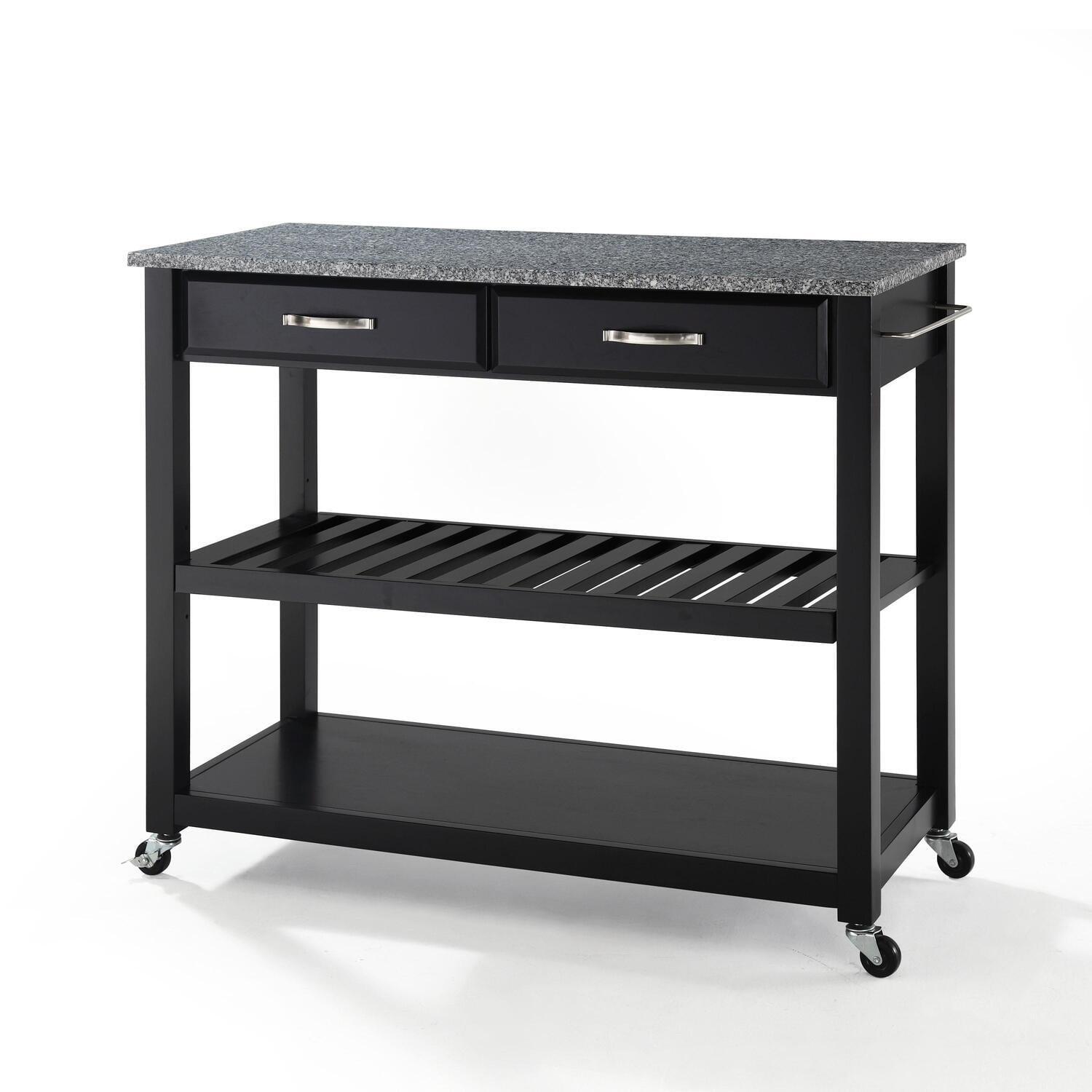 Solid Granite Top Kitchen Cart/Island with Optional Stool Storage - Black - Crosley: Wheeled with Storage Shelves