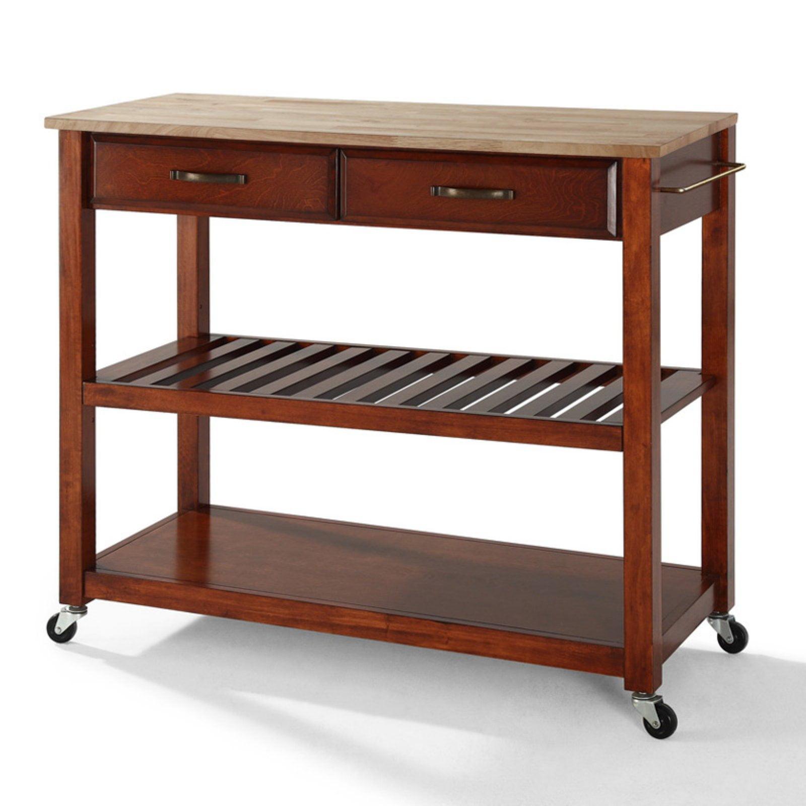 Natural Wood Top Mobile Kitchen Cart with Storage and Wine Rack