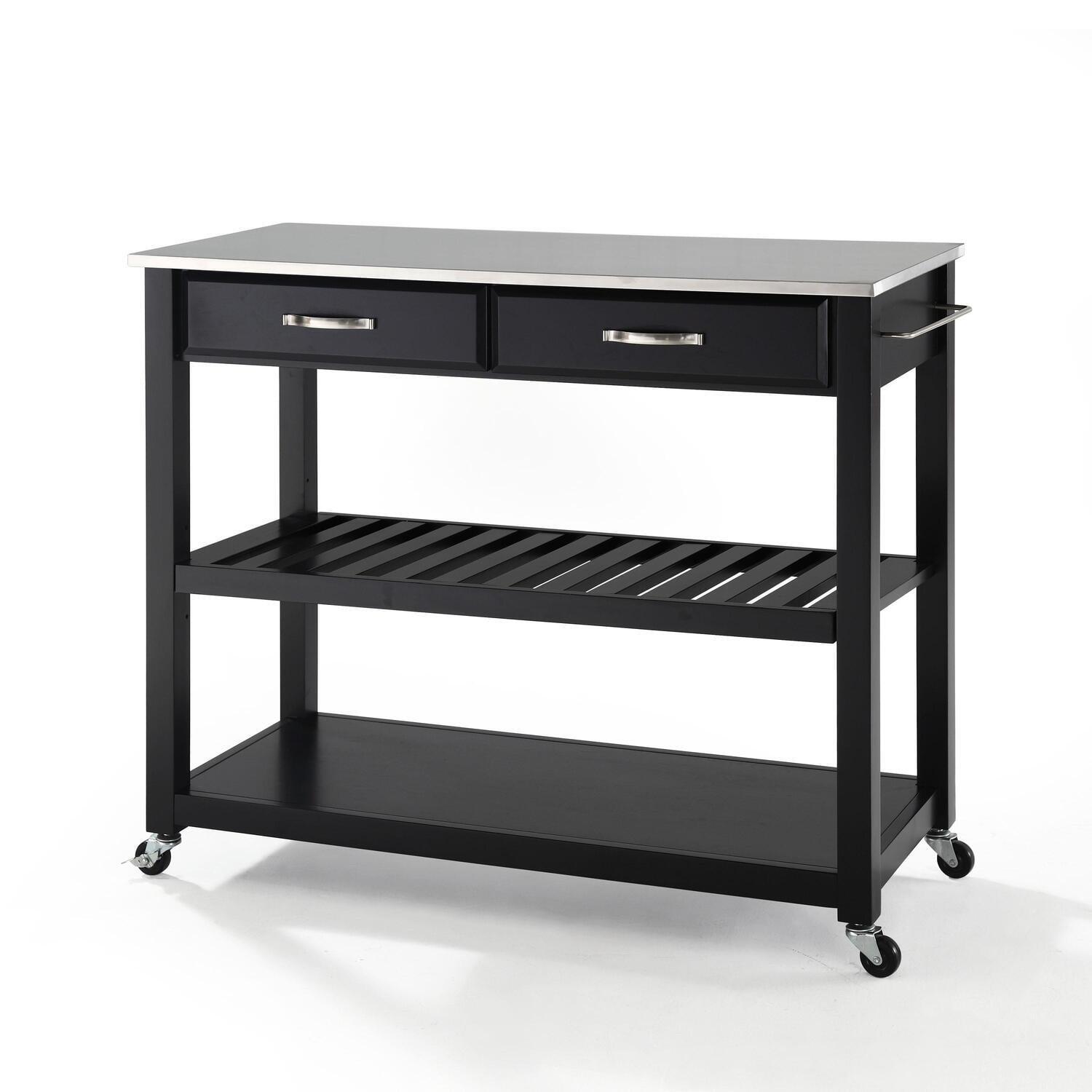 Stainless Steel Top Black Kitchen Cart with Wine Rack