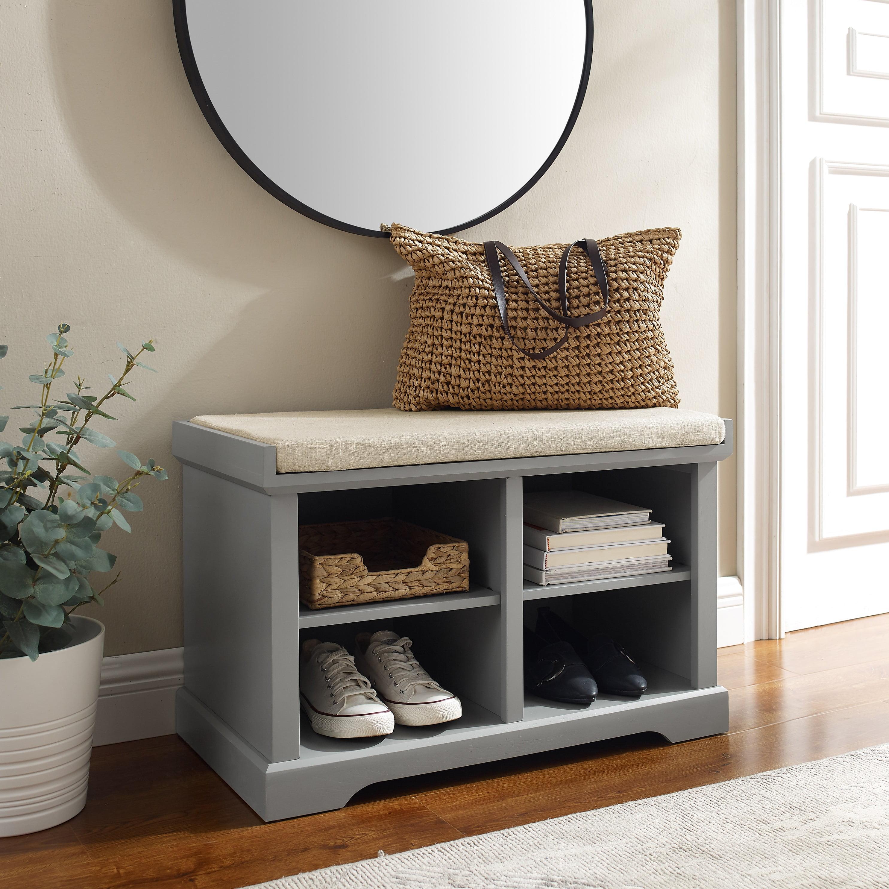 Gray Linen Cushioned Entryway Storage Bench with Adjustable Shelves