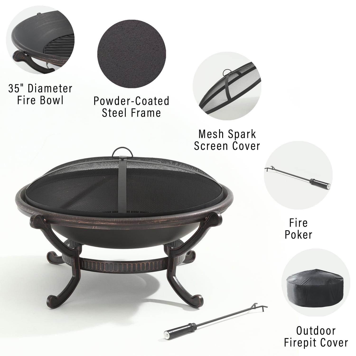 Ashland Firepit - Black - Crosley: Cast Iron Copper Finish, 35" Bowl, Mesh Guard, Poker Included