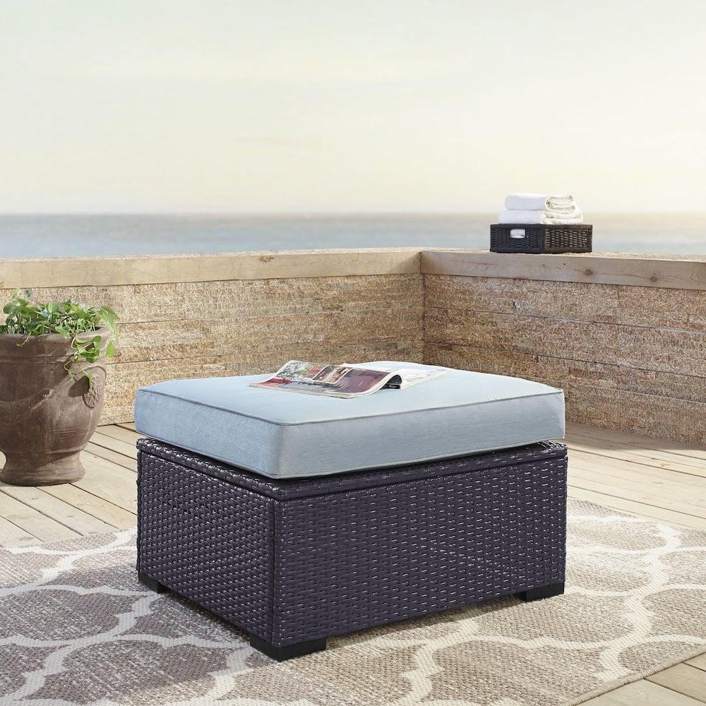 Biscayne Ottoman with Mist Cushions - Brown/Mist - Crosley: Wicker Patio Footrest, UV-Resistant, Polyurethane Foam Fill