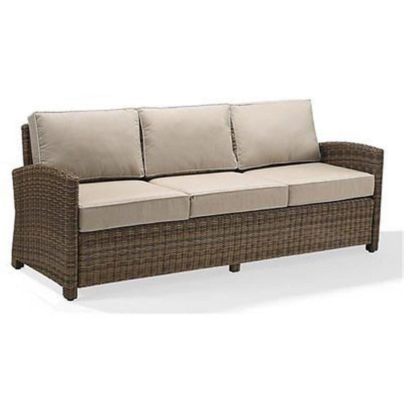 Beige Wicker and Steel Outdoor Three-Seat Sofa