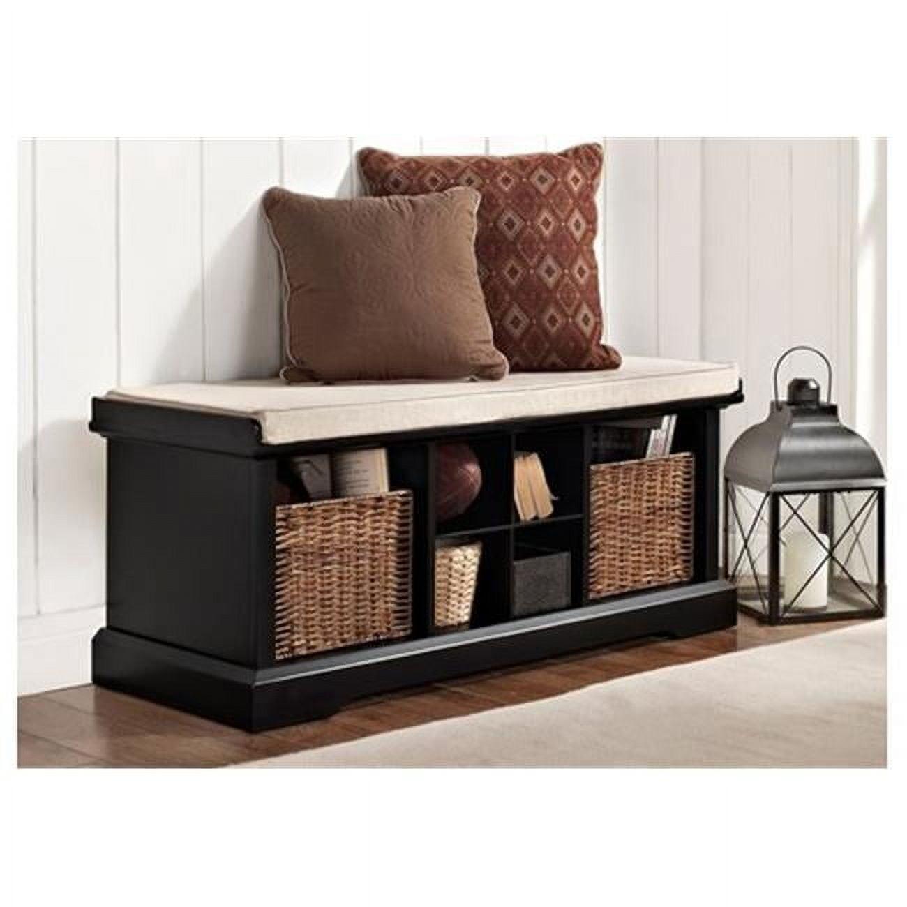 Elegant Brennan Black Entryway Bench with Wicker Storage Baskets