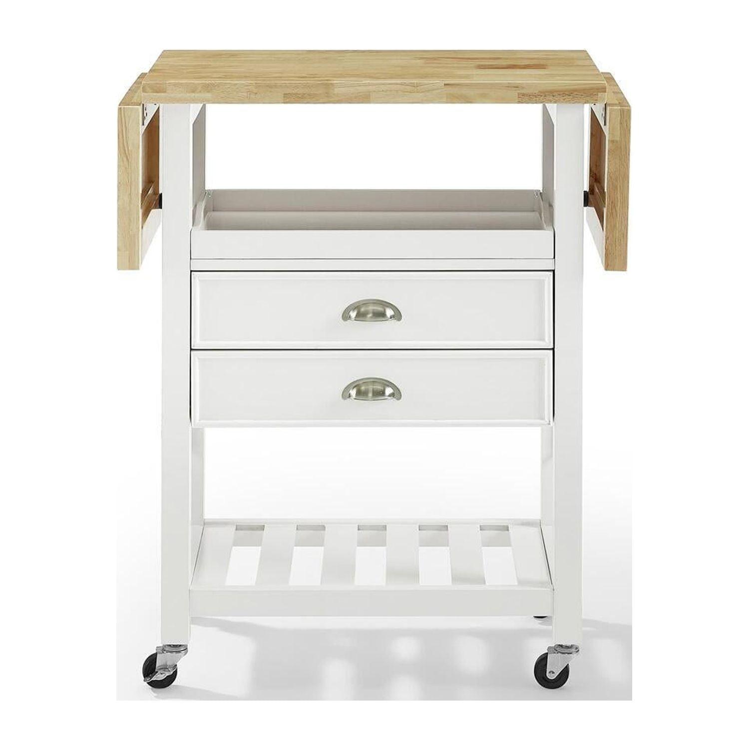 Coastal White Rubberwood Drop-Leaf Kitchen Cart with Nickel Accents