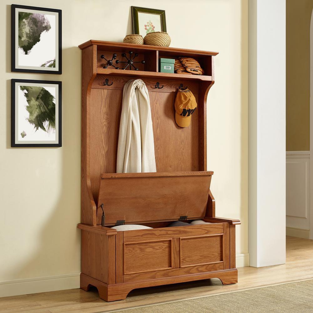 Campbell Hall Tree Oak - Crosley: Spacious Bench, 4 Double Hooks, Shoe Storage