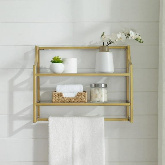 Crosley Aimee Wall Shelf Gold: Modern Luxury Storage with Tempered Glass, Steel Frame, Open Design