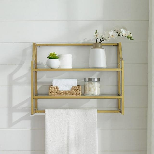 Crosley Aimee Wall Shelf Gold: Modern Luxury Storage with Tempered Glass, Steel Frame, Open Design