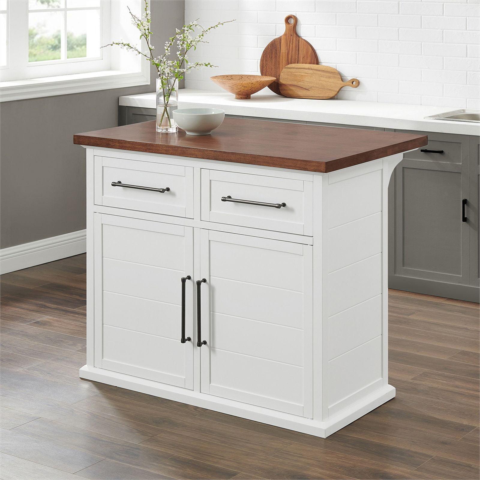 White and Walnut Wood Top Kitchen Island with Storage