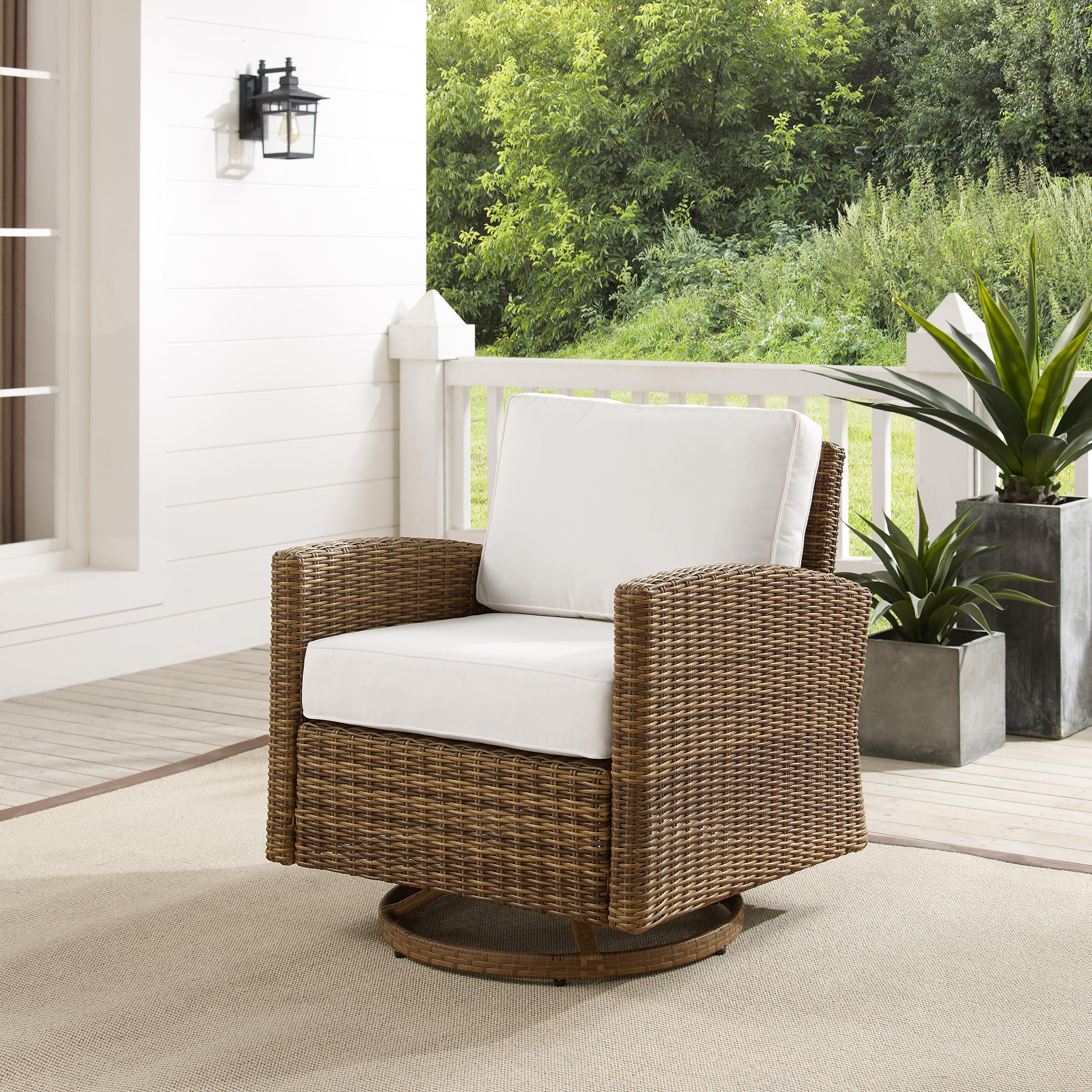 Bradenton Outdoor Steel Swivel Rocking Chair with Sunbrella White/Weathered Brown - Crosley: Resin Wicker, UV & Weather-Resistant