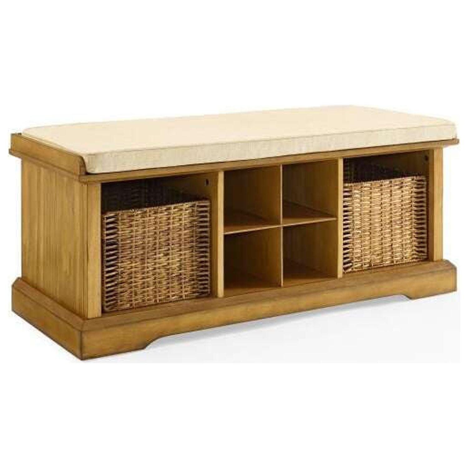 Brennan Natural Wood Entryway Bench with Upholstered Cushion and Storage Baskets