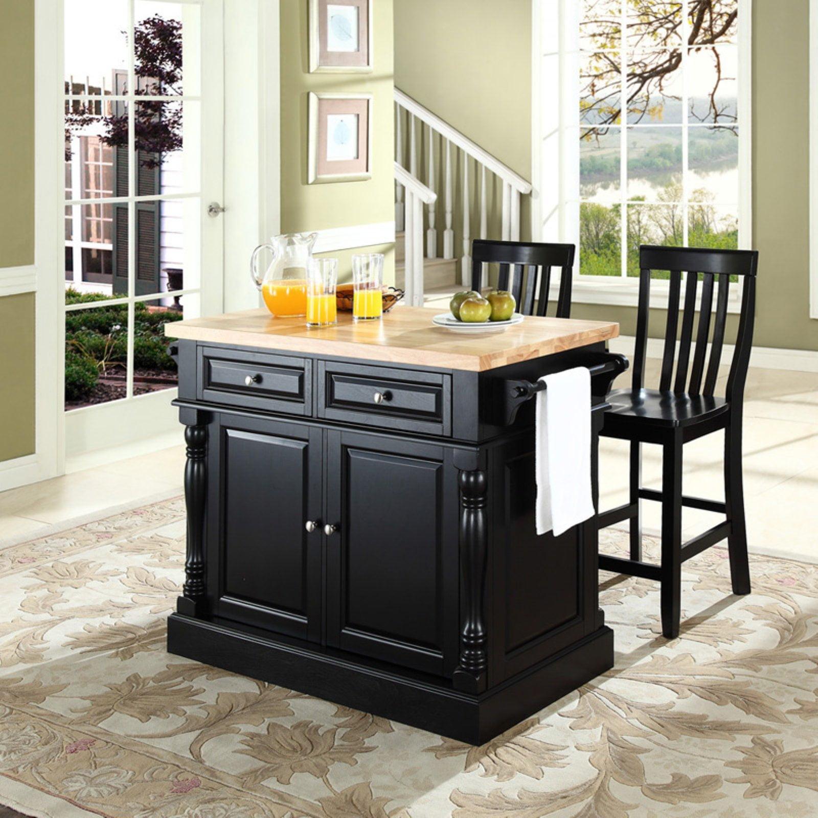 Elegant Black Butcher Block Kitchen Island with School House Stools