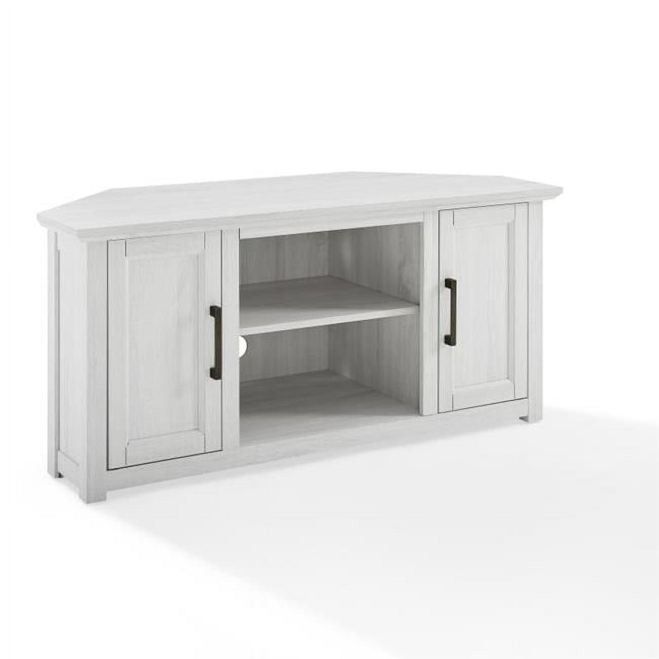 Whitewash Corner TV Stand with Cabinets and Open Storage