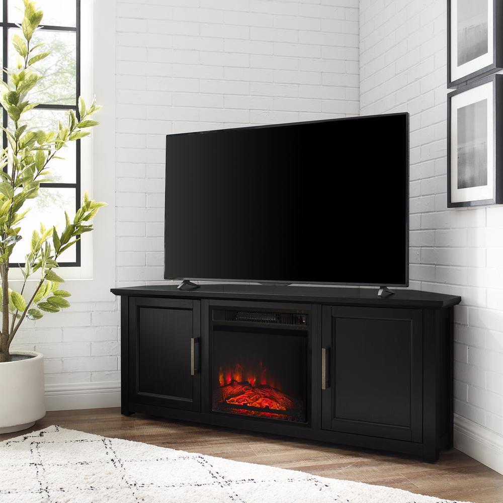 Crosley Camden Corner TV Stand for TVs up to 60" with Fireplace Black: Mid-Century Modern Entertainment Center, Cable Management