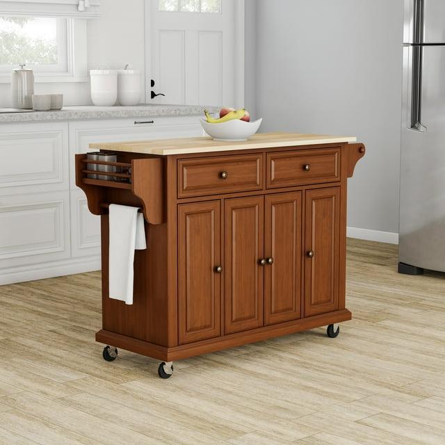 Crosley Natural Wood Top Kitchen Cart - Cherry: Hardwood Frame, Adjustable Shelves, Casters
