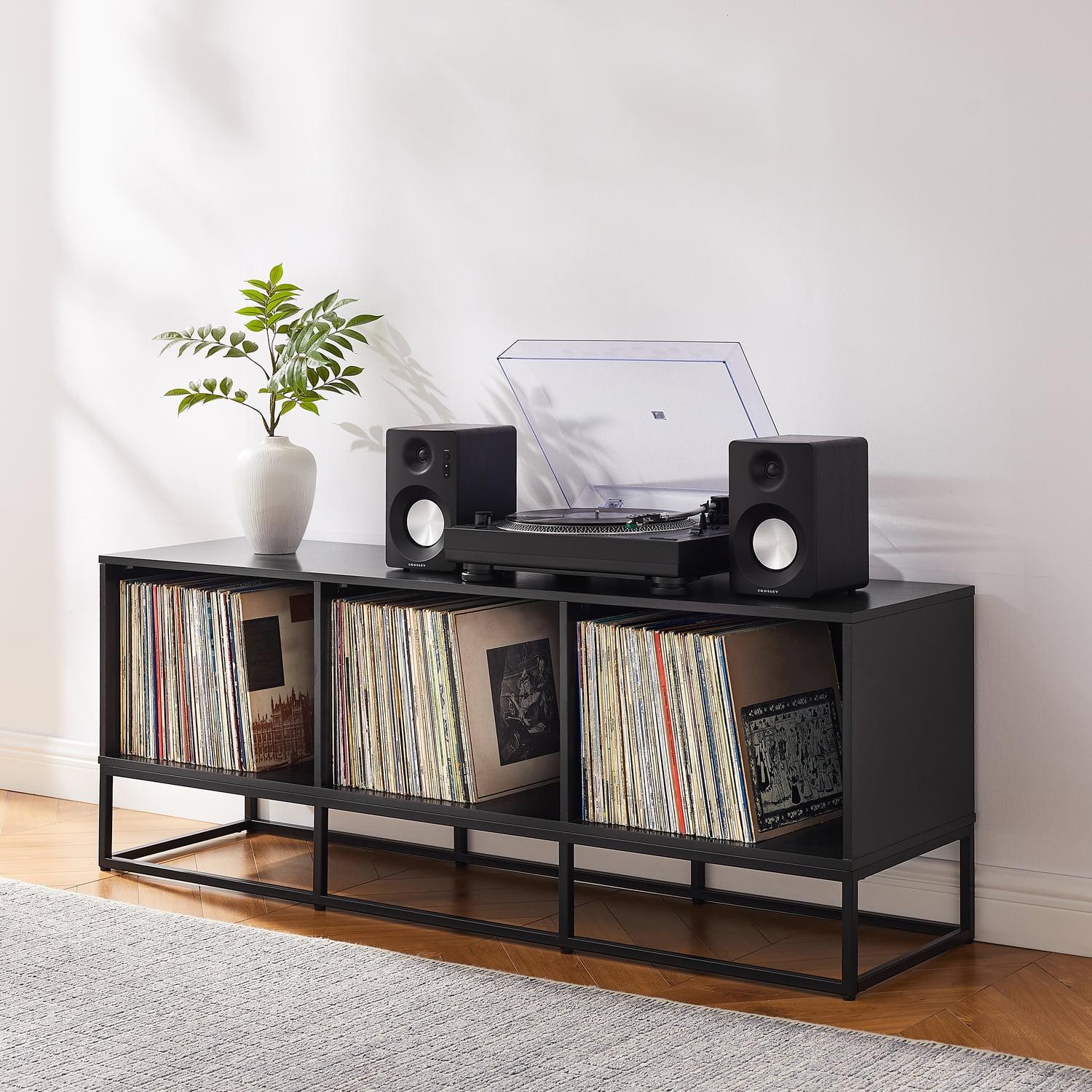 Black Steel Minimalist Media Console with Vinyl Storage