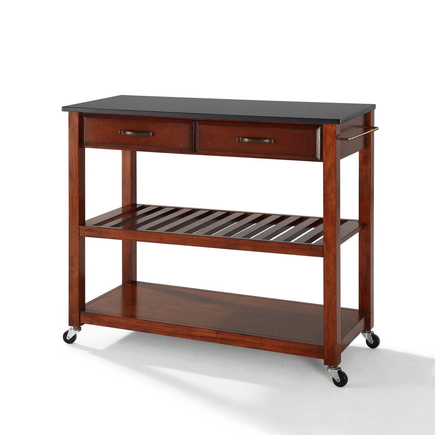 Crosley Solid Black Granite Top Kitchen Cart/Island with Optional Stool Storage Classic Cherry: Modern Rolling Furniture with Storage, 2 Shelves