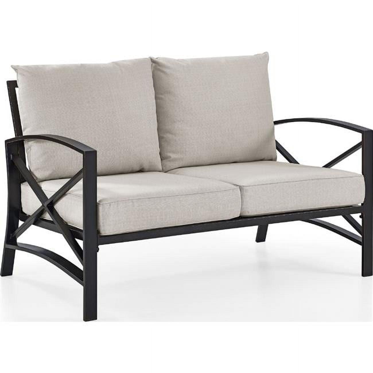 Oatmeal and Bronze Metal Outdoor Loveseat with Cushions