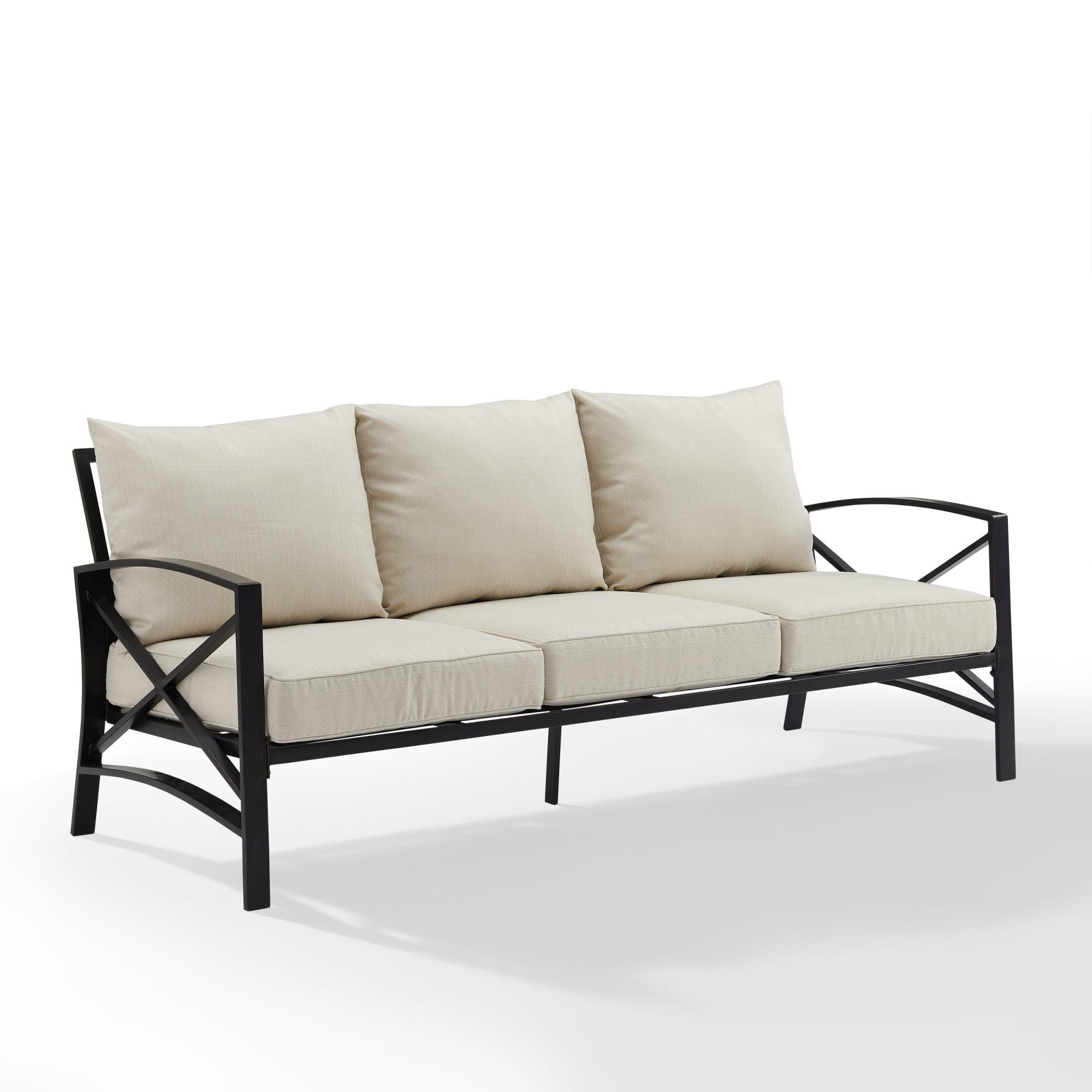 Oatmeal Cushioned Black Metal Three-Seat Outdoor Sofa