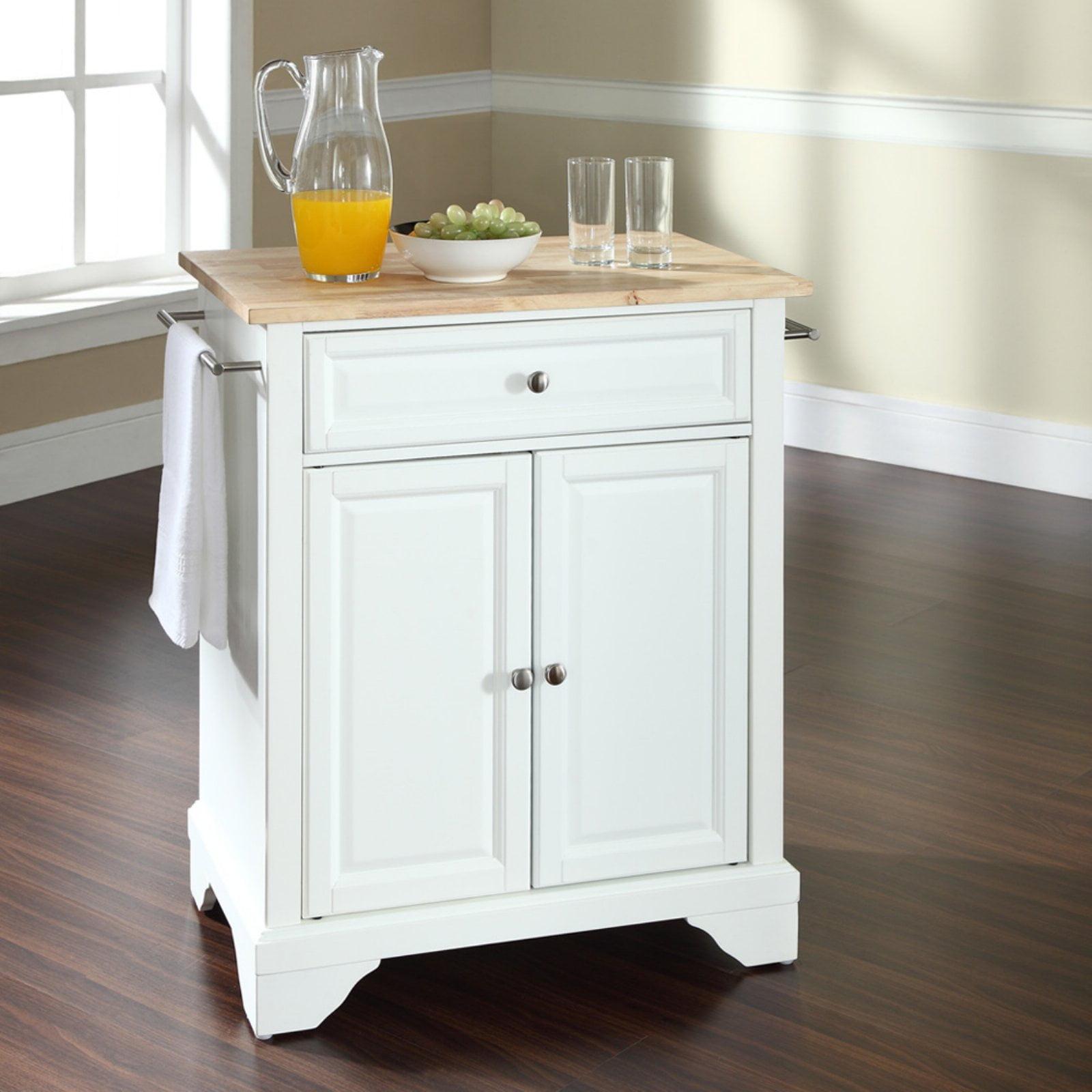 White and Natural Wood Top Kitchen Island Cart with Nickel Hardware