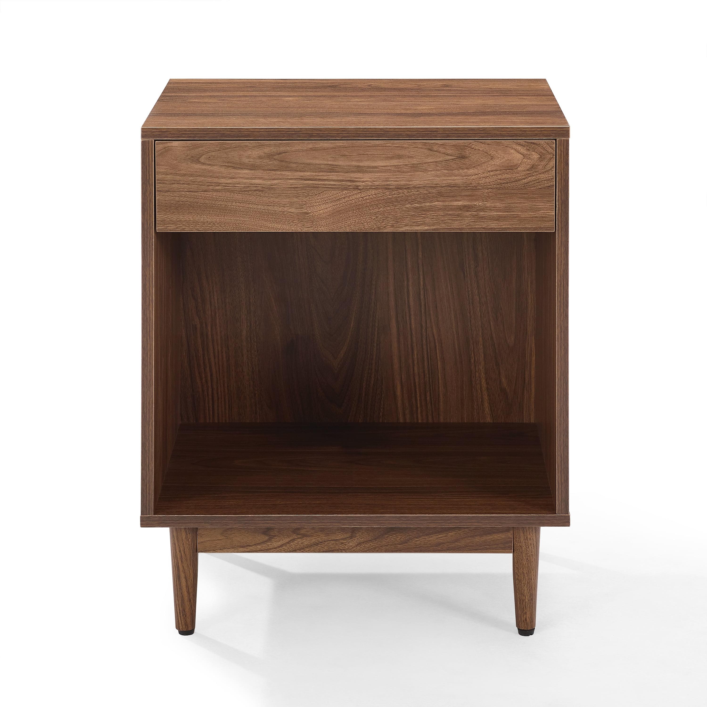 Liam Mid-Century Walnut Wood Side Table with Record Storage