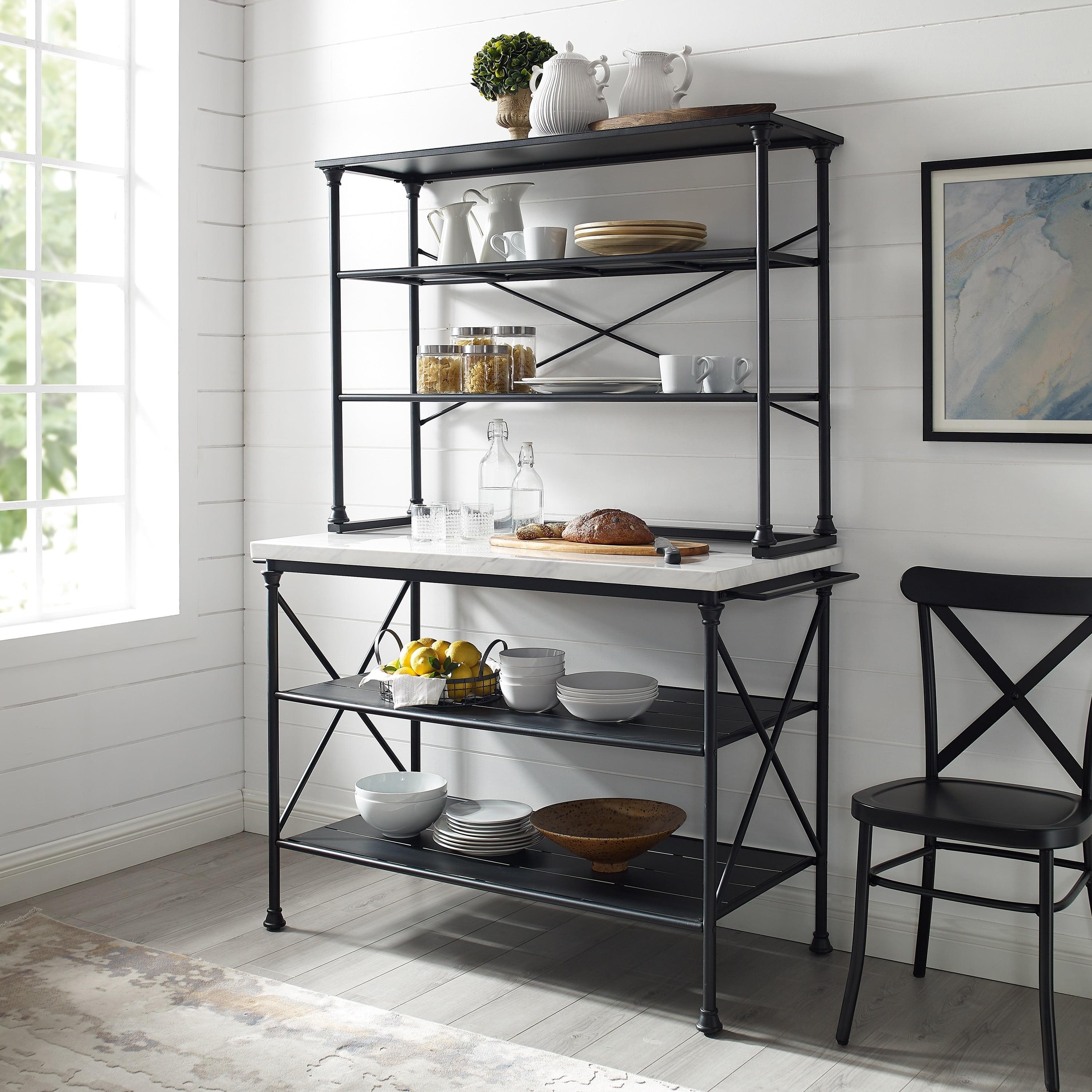 Madeleine Kitchen Island and Hutch Matte Black - Crosley: Veneer Surface, Metal Frame, 6 Open Shelves