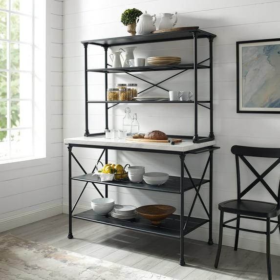Madeleine Kitchen Island and Hutch Matte Black - Crosley: Veneer Surface, Metal Frame, 6 Open Shelves