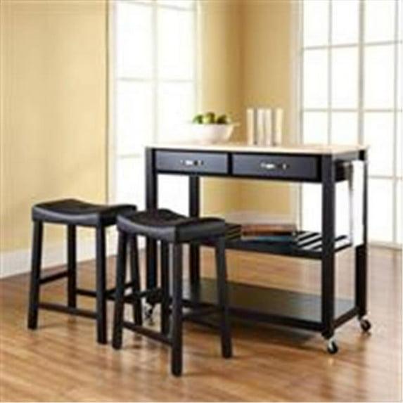 Wood Top Kitchen Prep Cart with 2 Upholstered Saddle Stools Black - Crosley: Mobile Island, Storage, Towel Bar