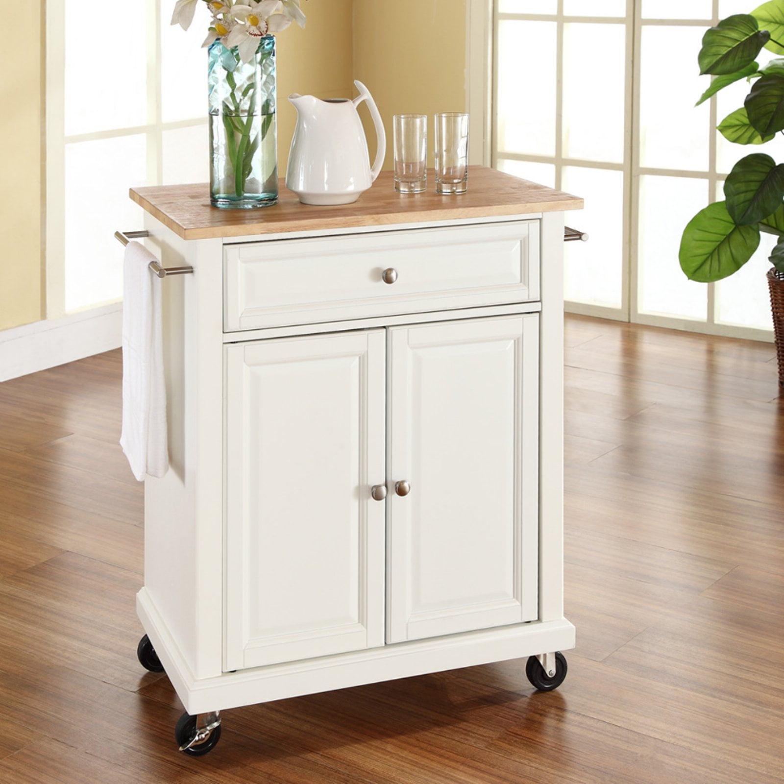 White Wood Kitchen Cart with Natural Top and Storage