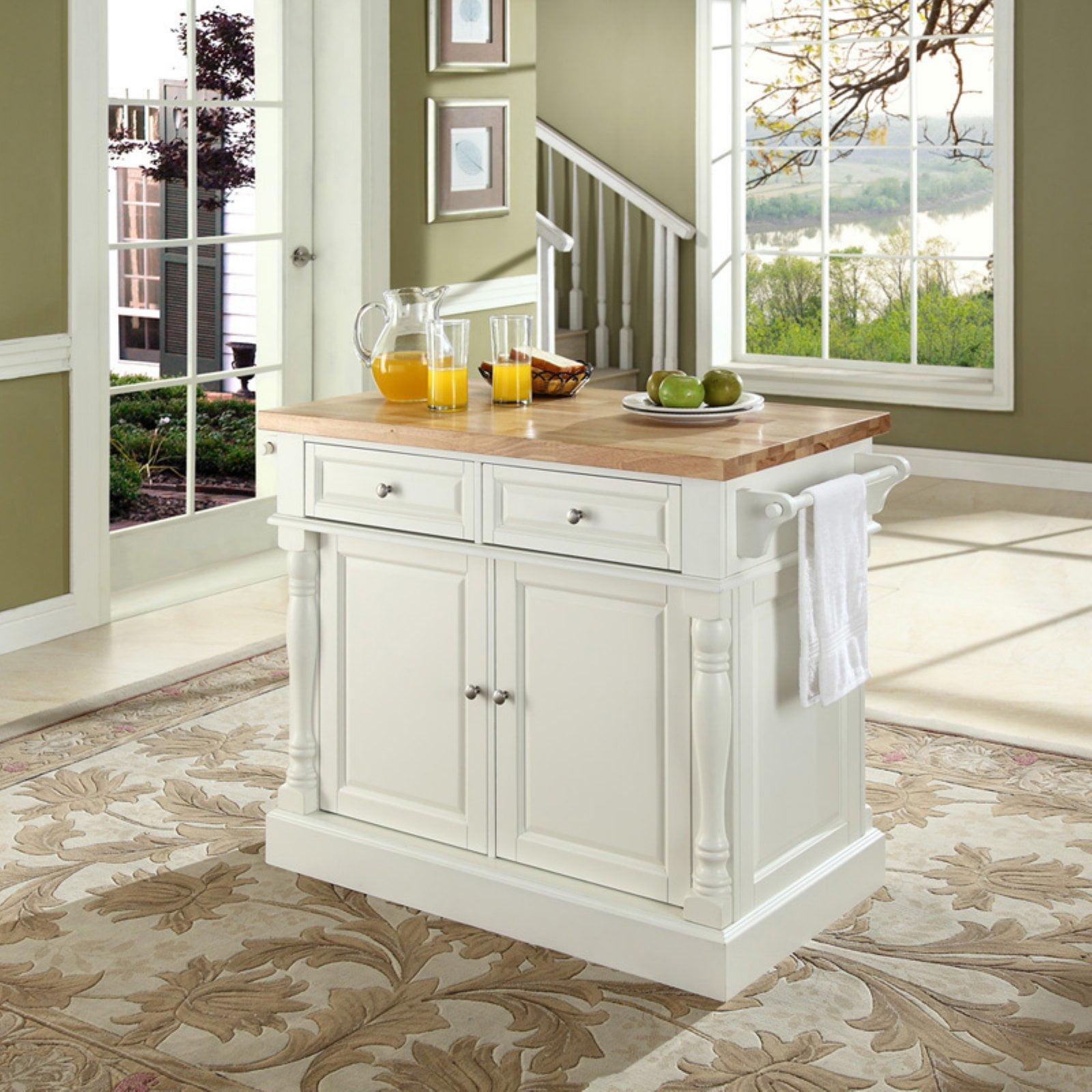 Crosley Butcher Block Top Kitchen Island - White: Hardwood Frame, Towel Bar, 4 Shelves, 2 Drawers