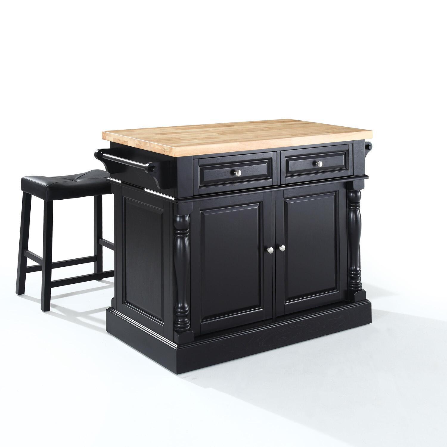 Oxford Kitchen Island with 2 Upholstered Saddle Stools Black - Crosley: Pass-Through Storage, Towel Bars, Wood Veneer