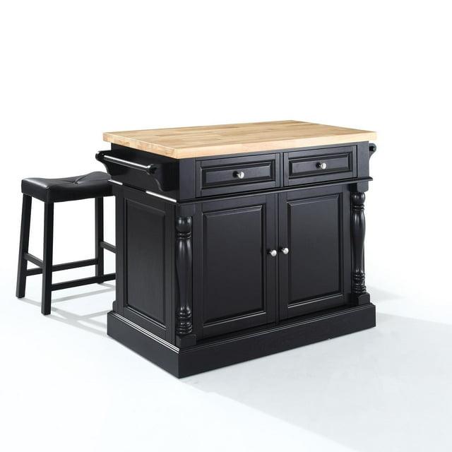 Oxford Kitchen Island with 2 Upholstered Saddle Stools Black - Crosley: Pass-Through Storage, Towel Bars, Wood Veneer