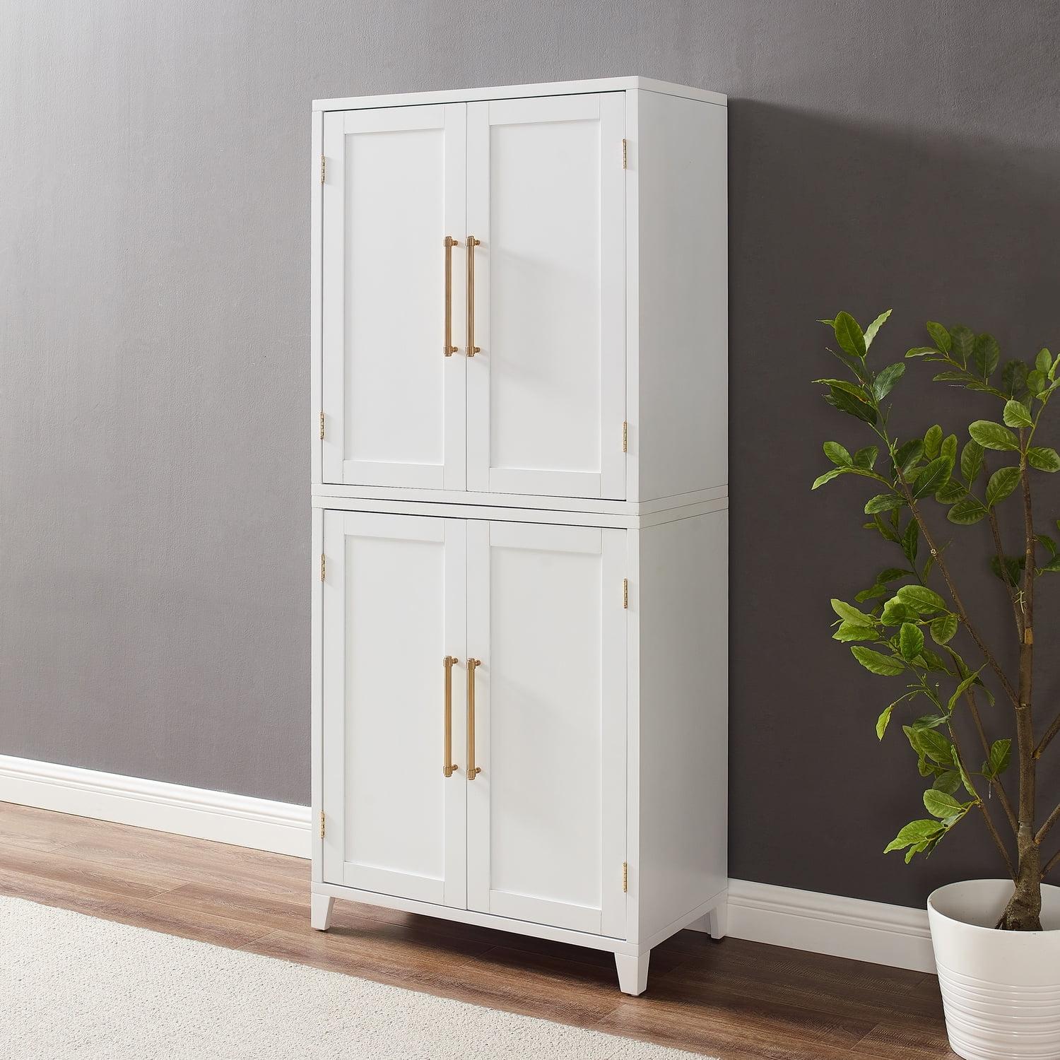 White Recessed Panel Kitchen Pantry Storage Cabinet with Gold Hardware