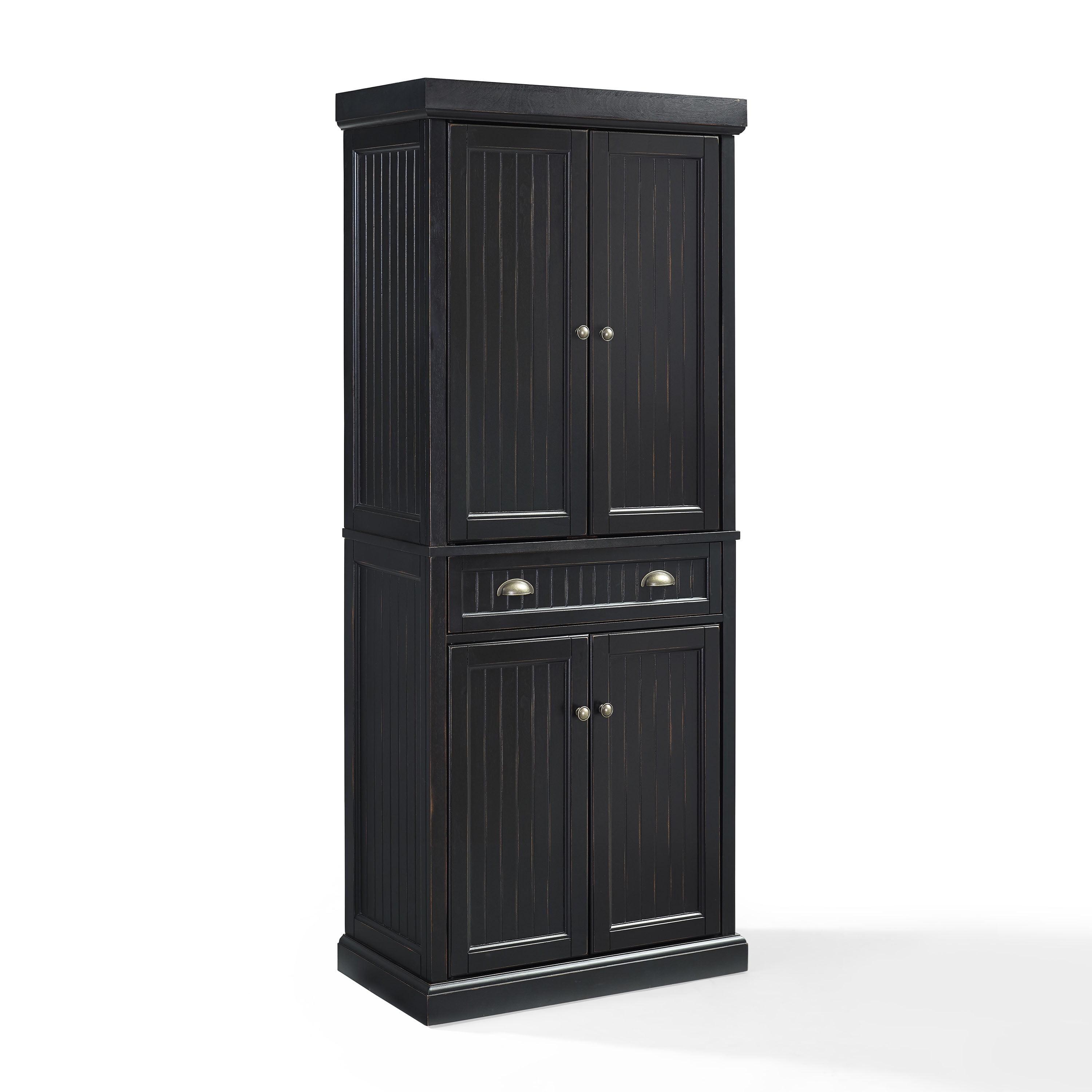 Crosley Seaside Kitchen Pantry Distressed Black: Traditional Style, 4-Door Hutch, 6 Shelves, Wood Veneer