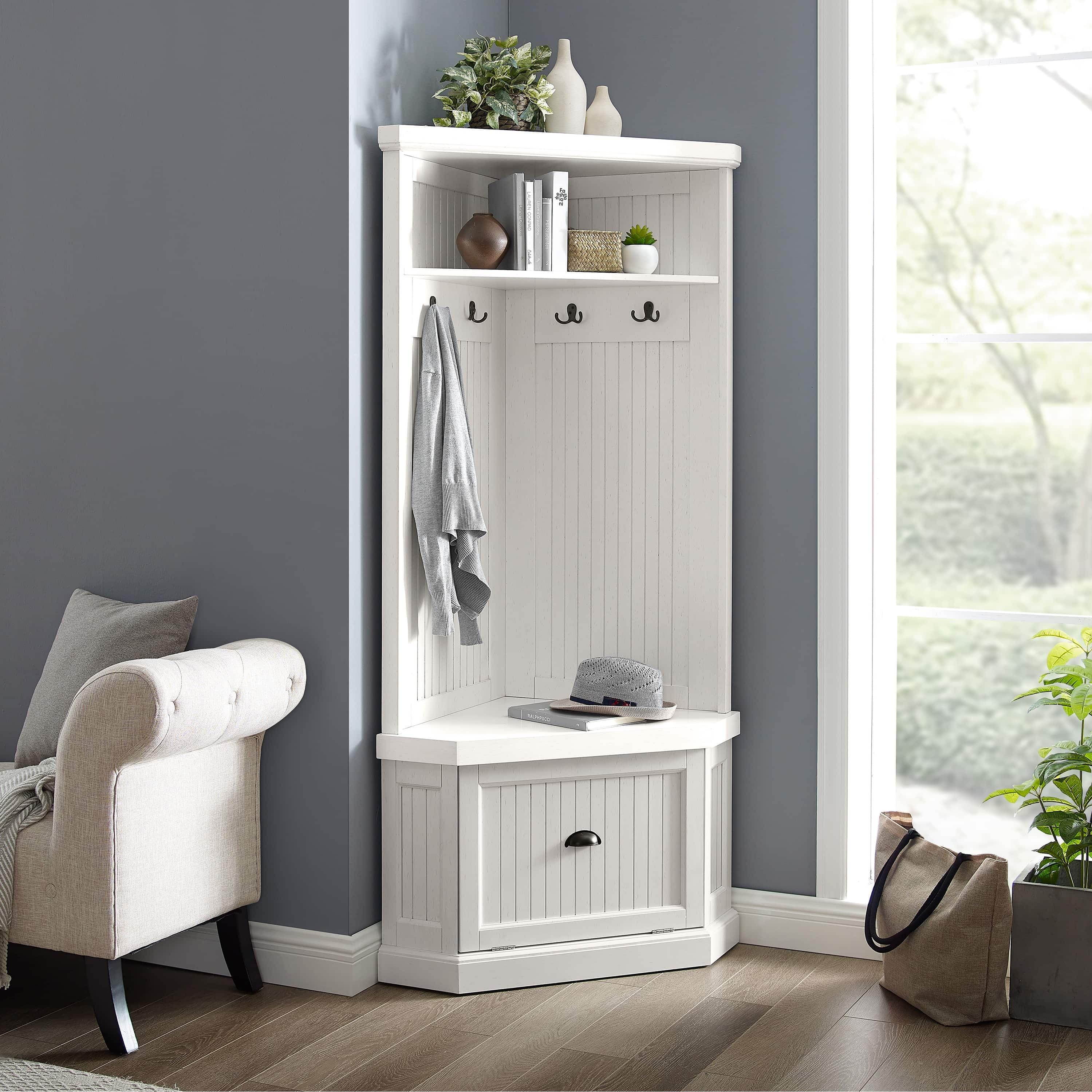 Seaside Corner Hall Tree Distressed White - Crosley: Entryway Organizer with Shoe Storage, 4 Hooks