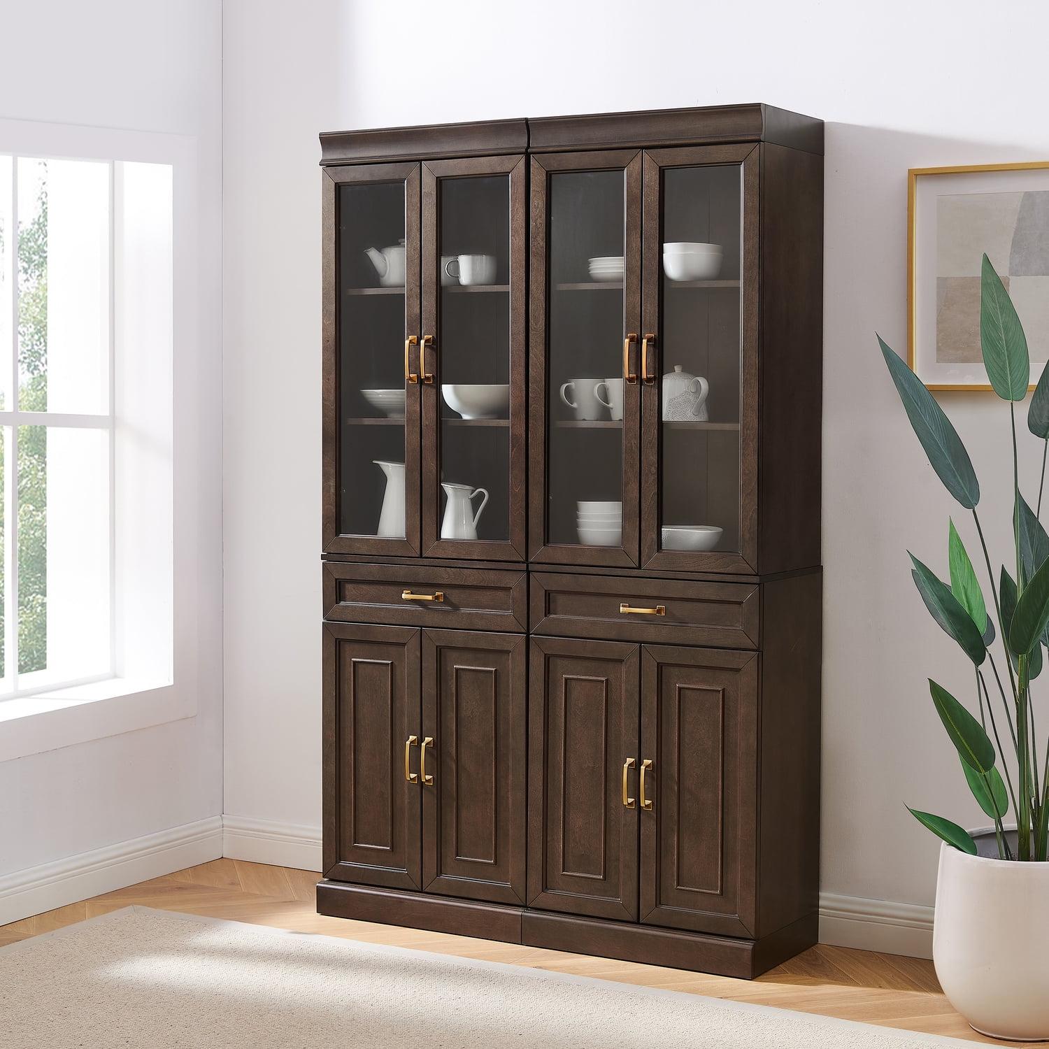 Crosley 78" Stanton 2pc Glass Door Kitchen Storage Pantry Cabinet Set Coffee: Traditional Style, MDF Wood Veneer, 10 Shelves