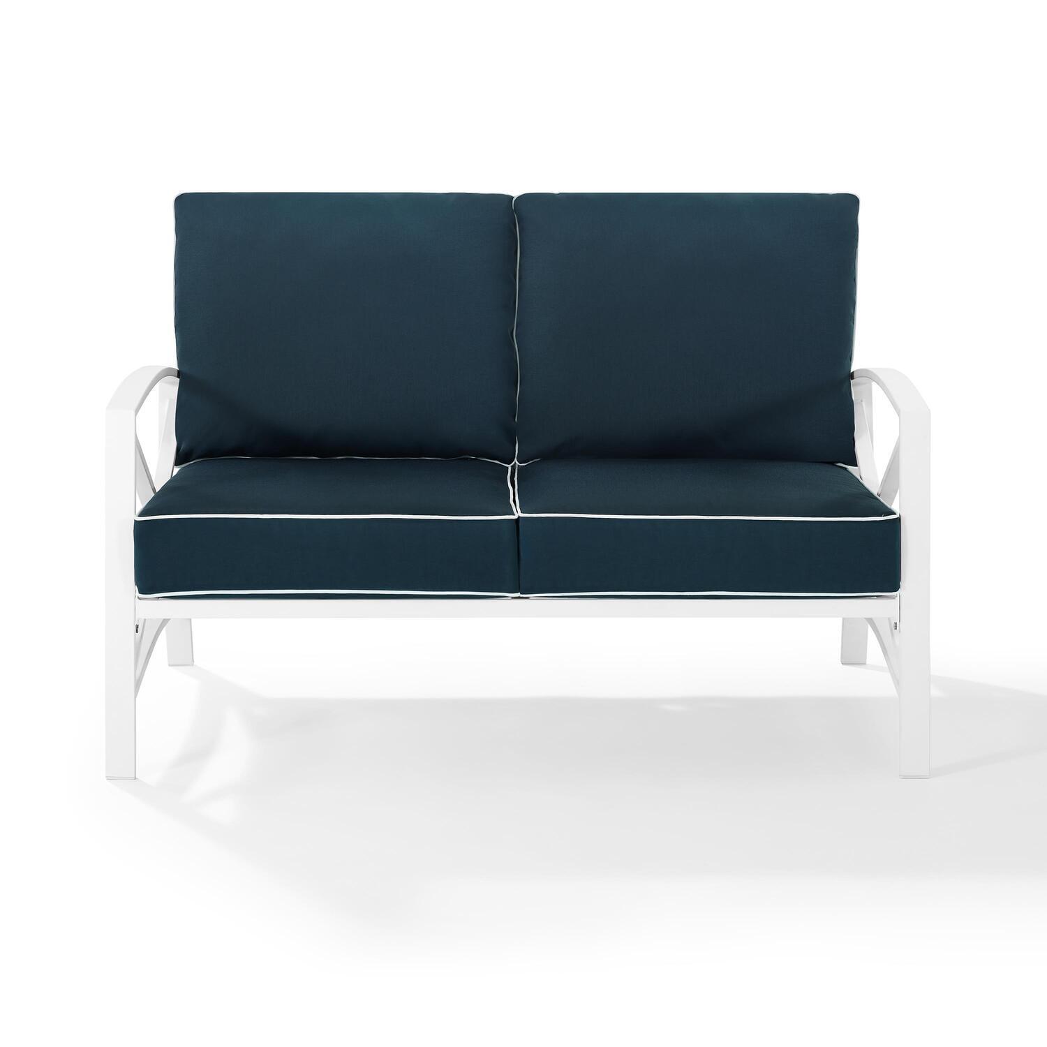 Navy and White Steel Outdoor Loveseat with Piping