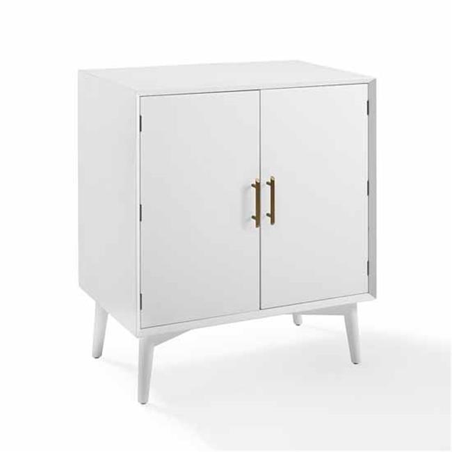 Landon Mid-Century White Bar Cabinet with Antique Brass Handles